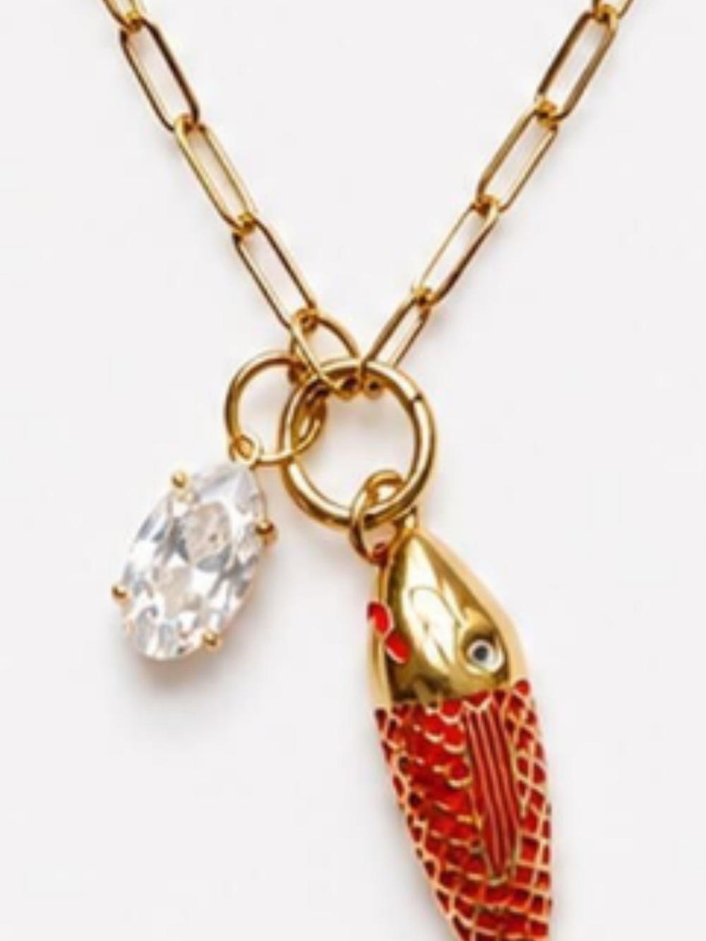 Gold Chain Necklace with Red Fish Charm and Crystal Accent
